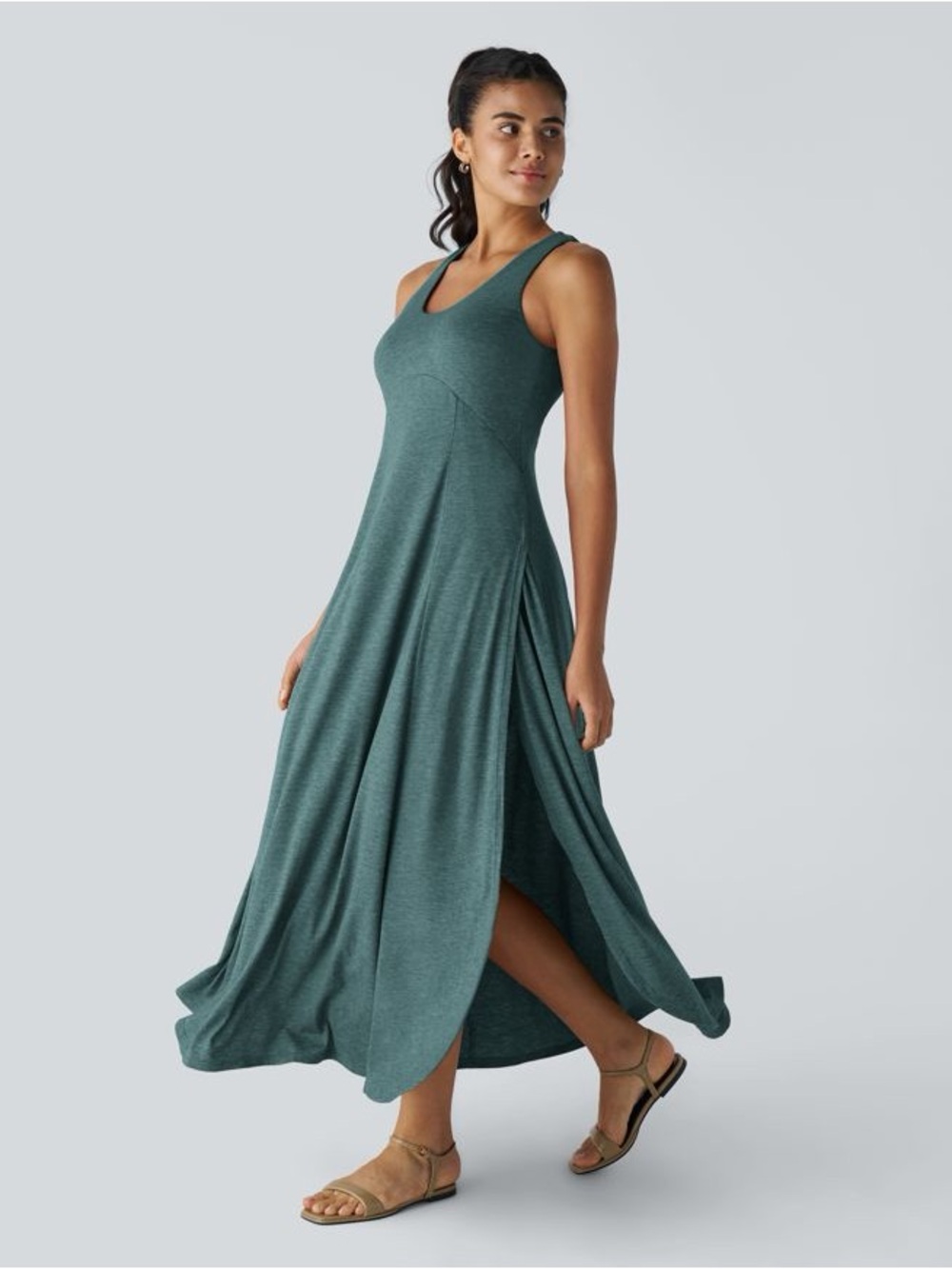NWT Halara Sleeveless Scoop Neck Maxi Dress Green Heather A-Line Stretch L